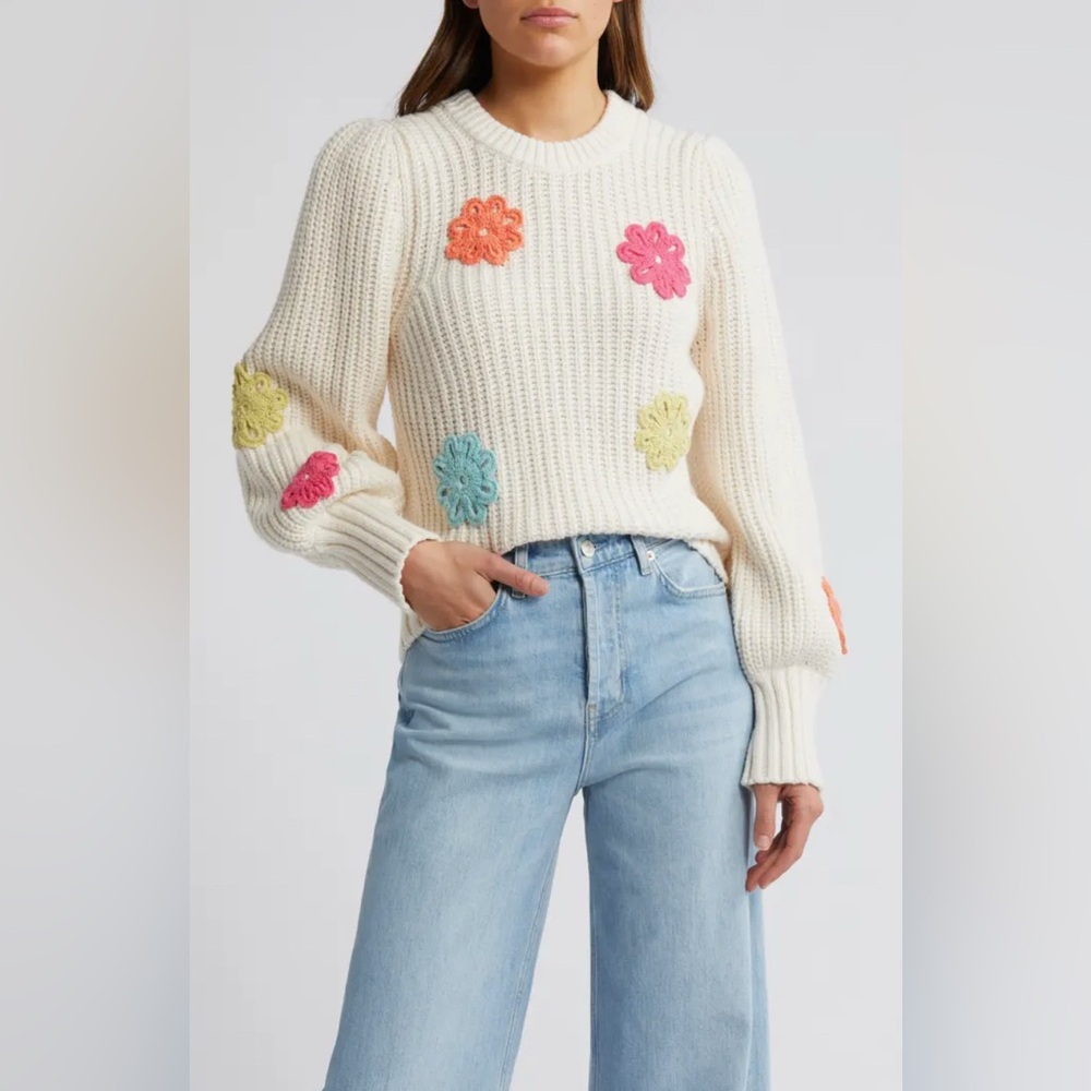 NWT Rails Floral Embroidered Crochet Cream Sweater, Size Small